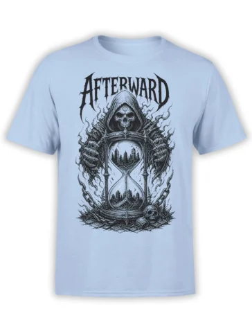 Hooded skull and hourglass gothic design with chains and AFTERWARD lettering on a light blue T-shirt