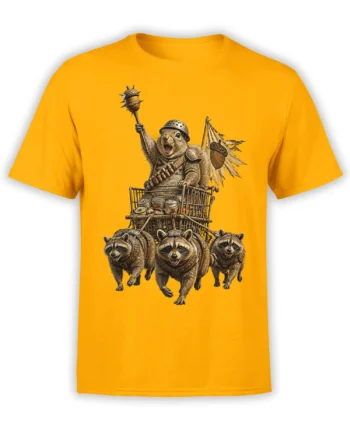 Orange T-shirt with a helmeted woodland warrior, spiked club, acorn, shopping cart, and three raccoons
