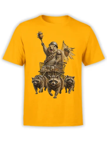 Orange T-shirt with a helmeted woodland warrior, spiked club, acorn, shopping cart, and three raccoons