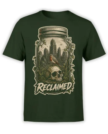Dark green T-shirt with a vintage glass jar holding a bird, skull, vines, and a ruined city labeled Reclaimed