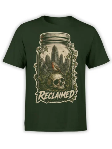 Dark green T-shirt with a vintage glass jar holding a bird, skull, vines, and a ruined city labeled Reclaimed