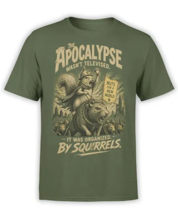 Green squirrel apocalypse t-shirt with helmeted commander, acorn flag, rodent army, and vintage cream artwork