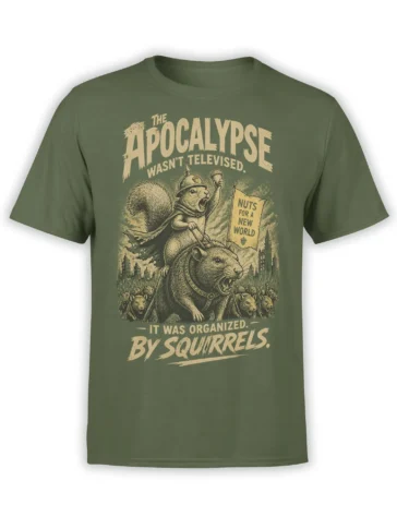 Green squirrel apocalypse t-shirt with helmeted commander, acorn flag, rodent army, and vintage cream artwork