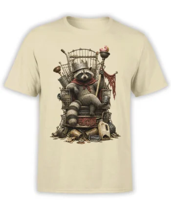 Crowned raccoon seated on a junk throne with a doughnut staff on a beige graphic T-shirt