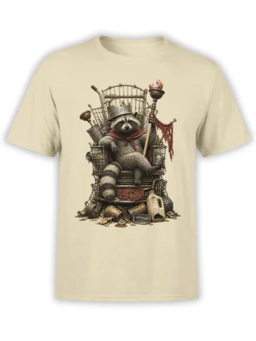 Crowned raccoon seated on a junk throne with a doughnut staff on a beige graphic T-shirt