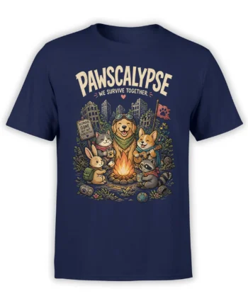 Navy Panscalypse animal T-shirt with dogs, cat, rabbit, and raccoon around a campfire
