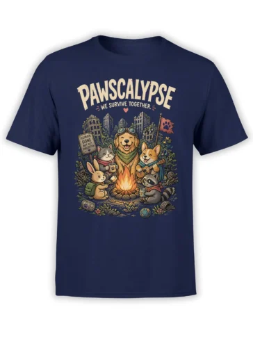 Navy Panscalypse animal T-shirt with dogs, cat, rabbit, and raccoon around a campfire