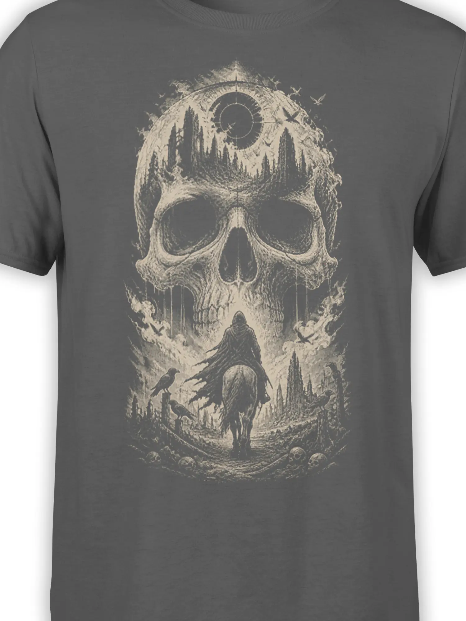 Close-up of the cream and gray skull, rider, ravens, and forest artwork printed on a gray T-shirt