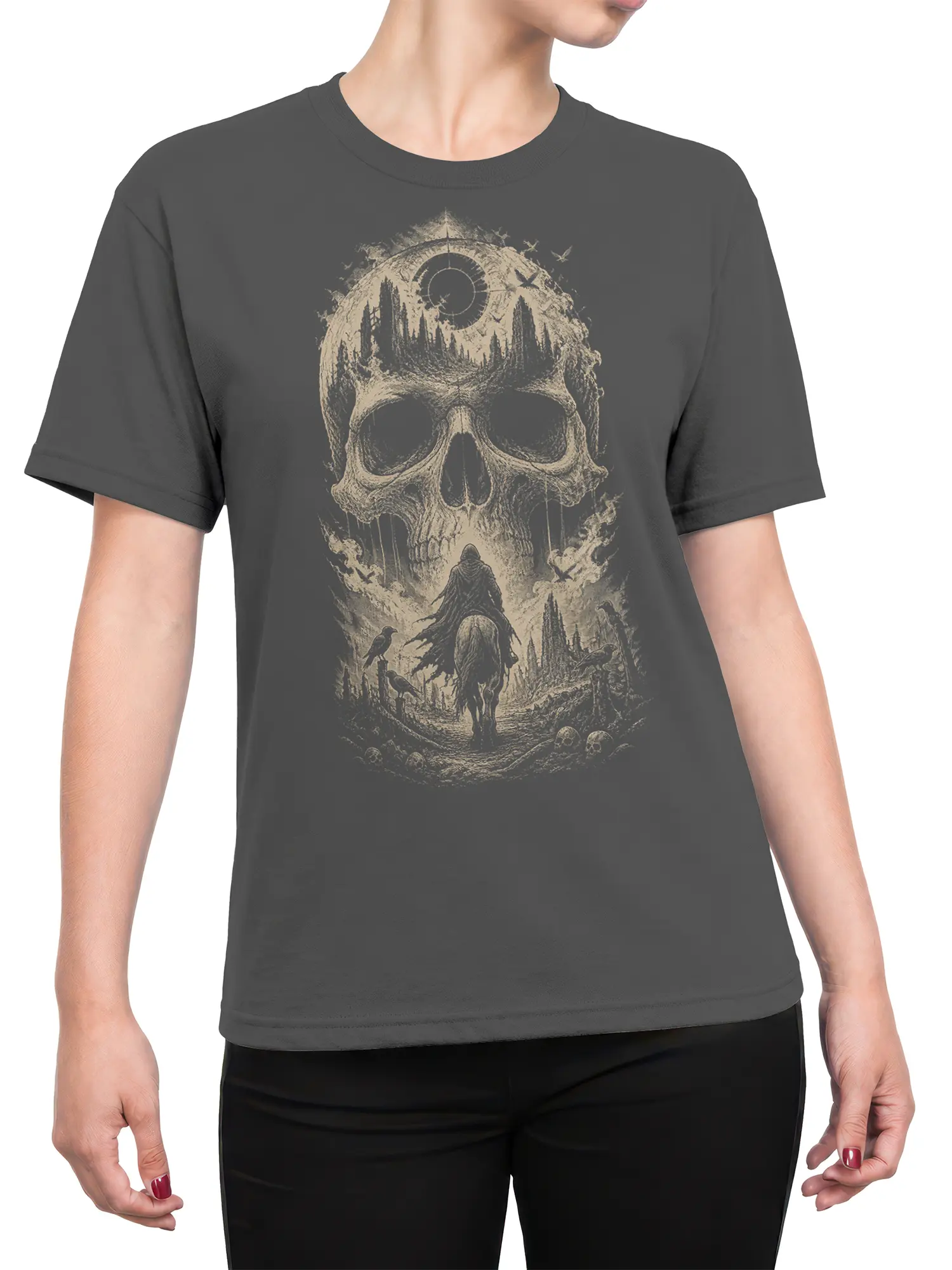 Female torso wearing a gray T-shirt with a vintage skull, hooded rider, ravens, and forest graphic