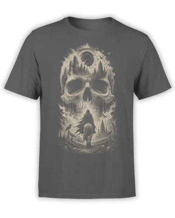 Gray T-shirt with a vintage skull scene, hooded rider on horseback, ravens, and a shadowy forest landscape