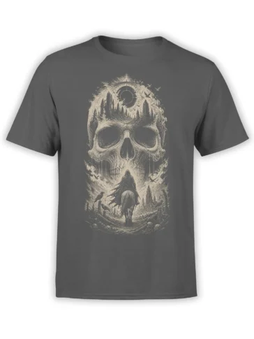 Gray T-shirt with a vintage skull scene, hooded rider on horseback, ravens, and a shadowy forest landscape