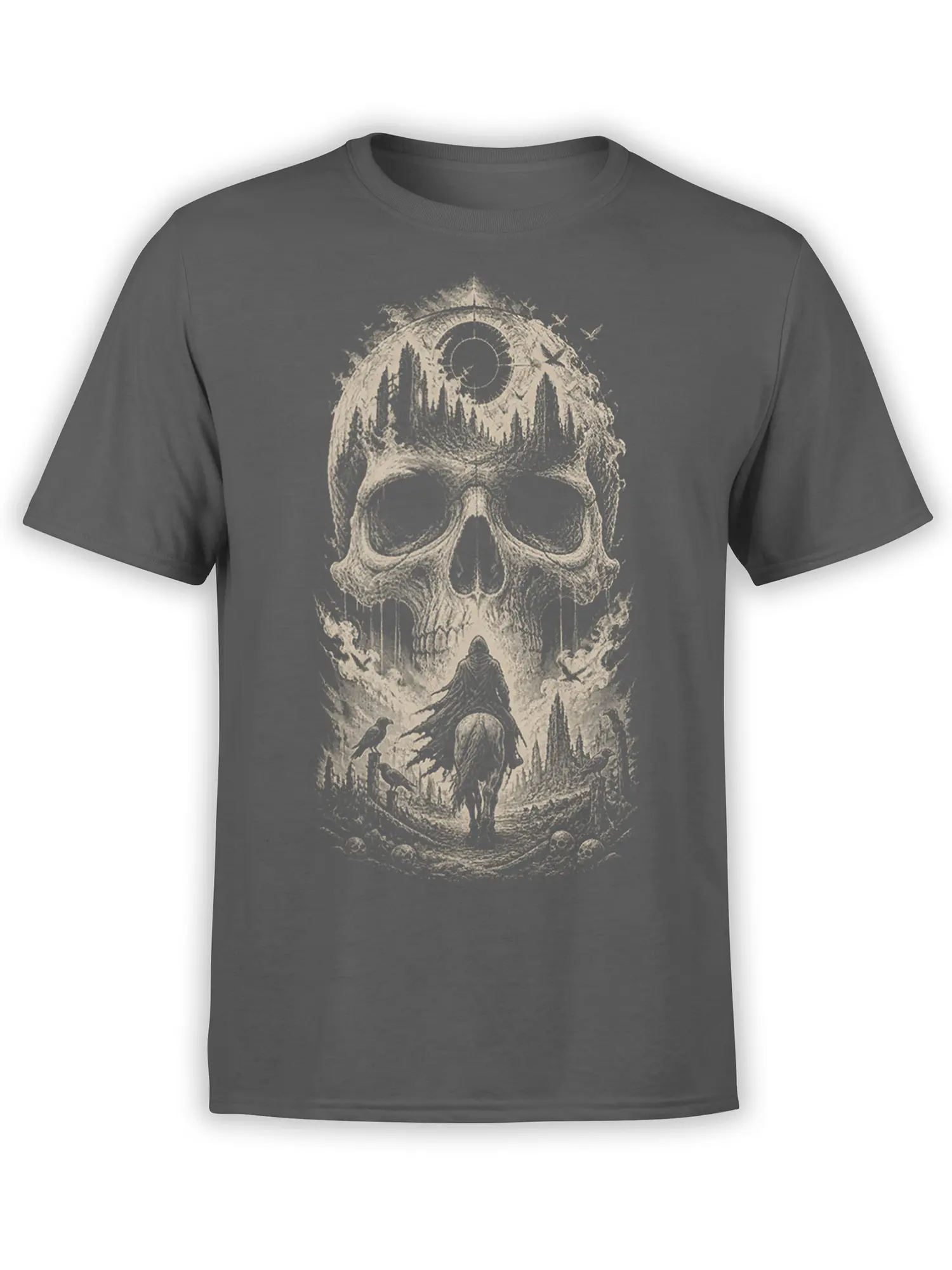 Gray T-shirt with a vintage skull scene, hooded rider on horseback, ravens, and a shadowy forest landscape