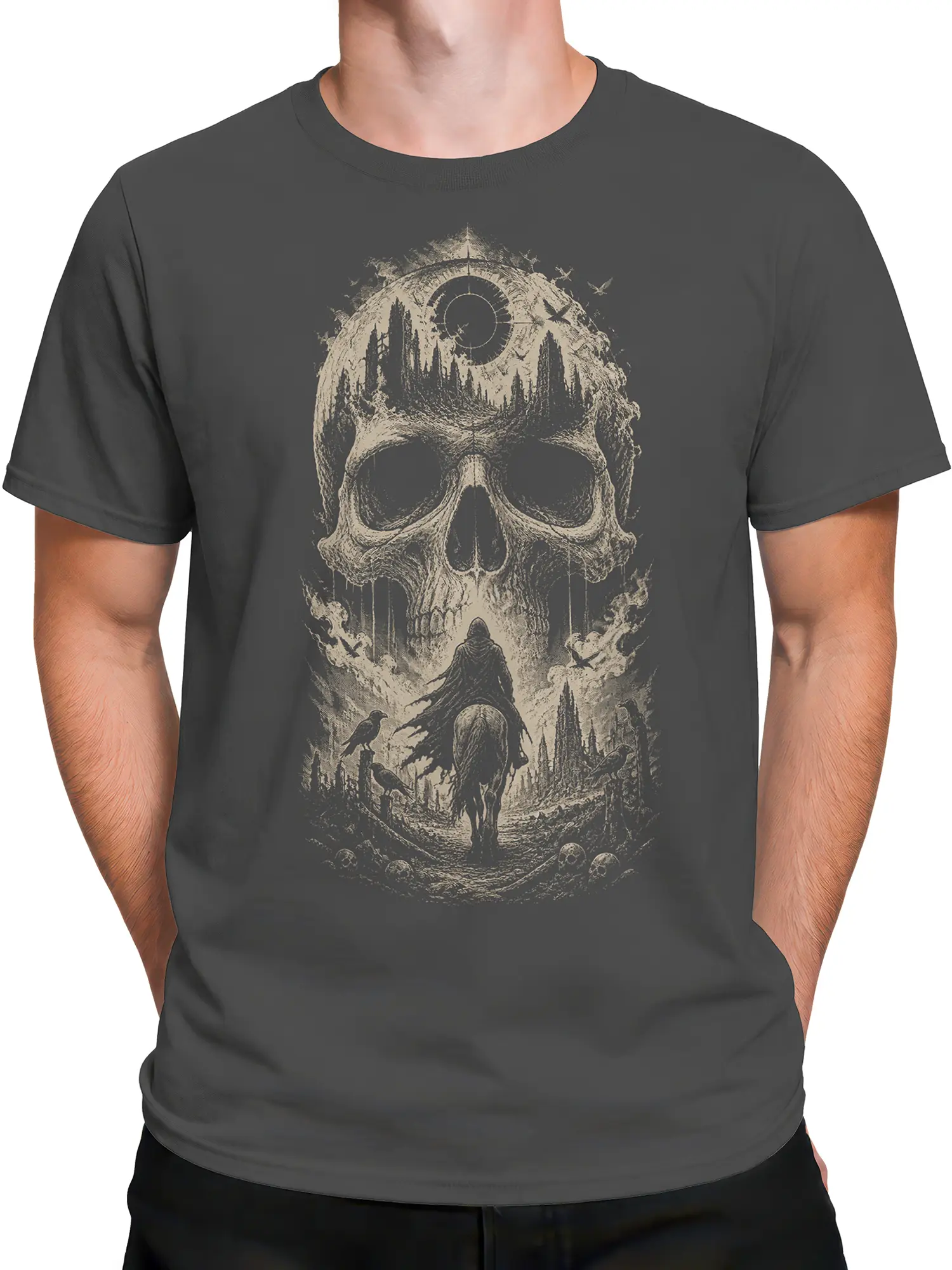 Male torso wearing a gray T-shirt with a hooded rider, skull, ravens, and vintage forest artwork