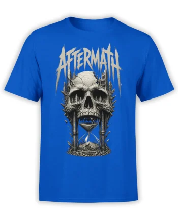 Blue T-shirt with a cracked skull, ruined columns, hourglass, and distressed AFTERMATH lettering