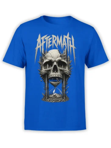 Blue T-shirt with a cracked skull, ruined columns, hourglass, and distressed AFTERMATH lettering
