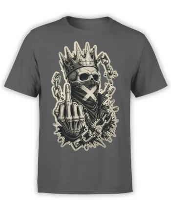 Crowned skeleton skull T-shirt in gray with chains, a covered mouth, and a raised skeletal hand