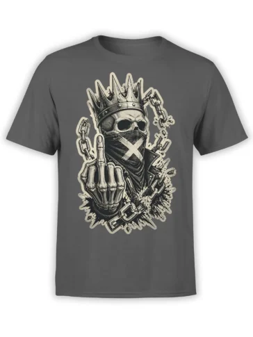 Crowned skeleton skull T-shirt in gray with chains, a covered mouth, and a raised skeletal hand