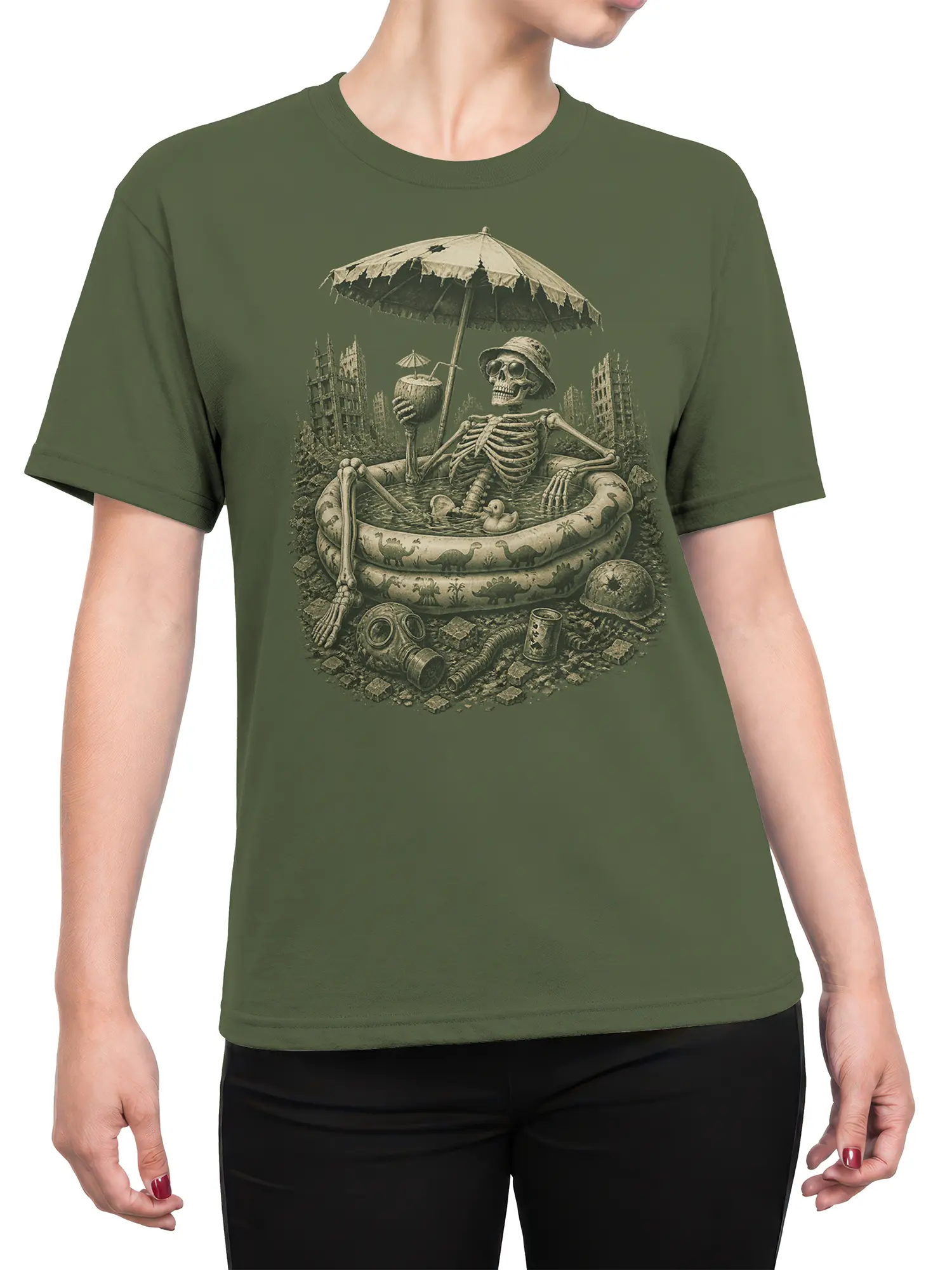 Female torso wearing an olive green skeleton T-shirt with a poolside scene and ruined city artwork