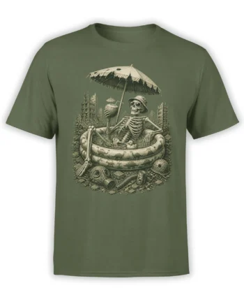Olive green T-shirt with a skeleton relaxing in a pool under a torn umbrella among city ruins