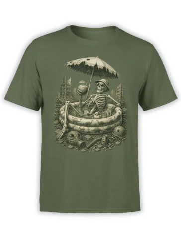 Olive green T-shirt with a skeleton relaxing in a pool under a torn umbrella among city ruins