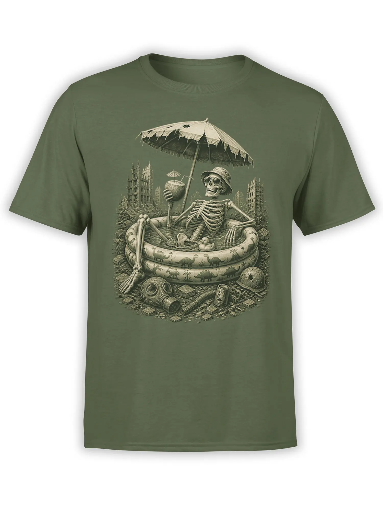 Olive green T-shirt with a skeleton relaxing in a pool under a torn umbrella among city ruins