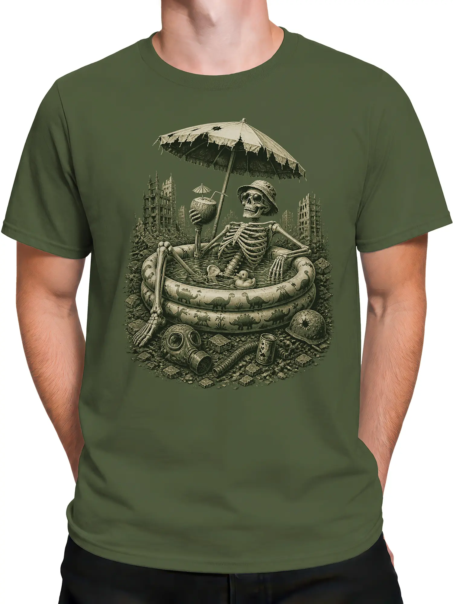Male torso wearing an olive green skeleton T-shirt with a dark poolside vacation illustration
