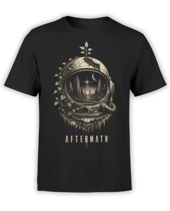 Black astronaut t-shirt with a vine-covered helmet showing a ruined city, moon, star, and AFTERMATH text