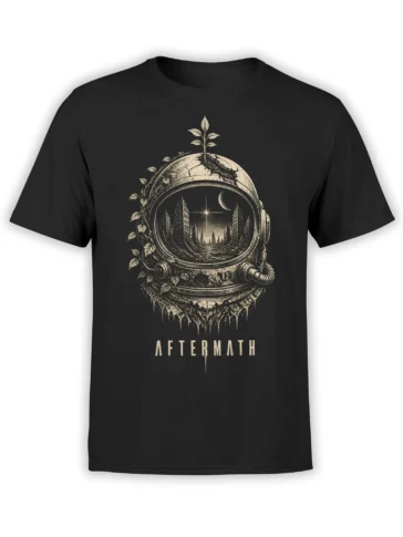 Black astronaut t-shirt with a vine-covered helmet showing a ruined city, moon, star, and AFTERMATH text