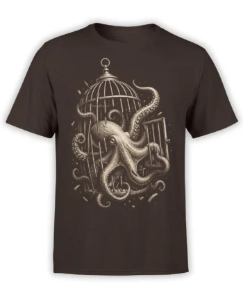 Vintage engraved octopus escaping a birdcage on a dark brown T-shirt