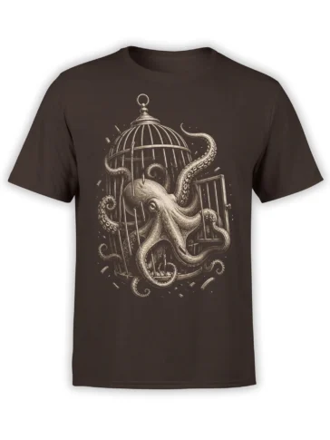 Vintage engraved octopus escaping a birdcage on a dark brown T-shirt