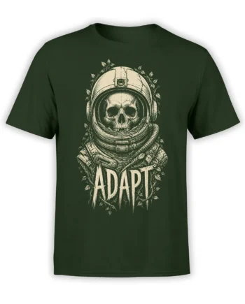 Dark green astronaut T-shirt with a skull helmet design, leafy vines, and distressed ADAPT lettering