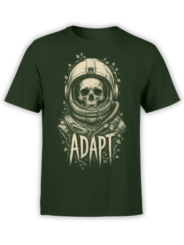 Dark green astronaut T-shirt with a skull helmet design, leafy vines, and distressed ADAPT lettering