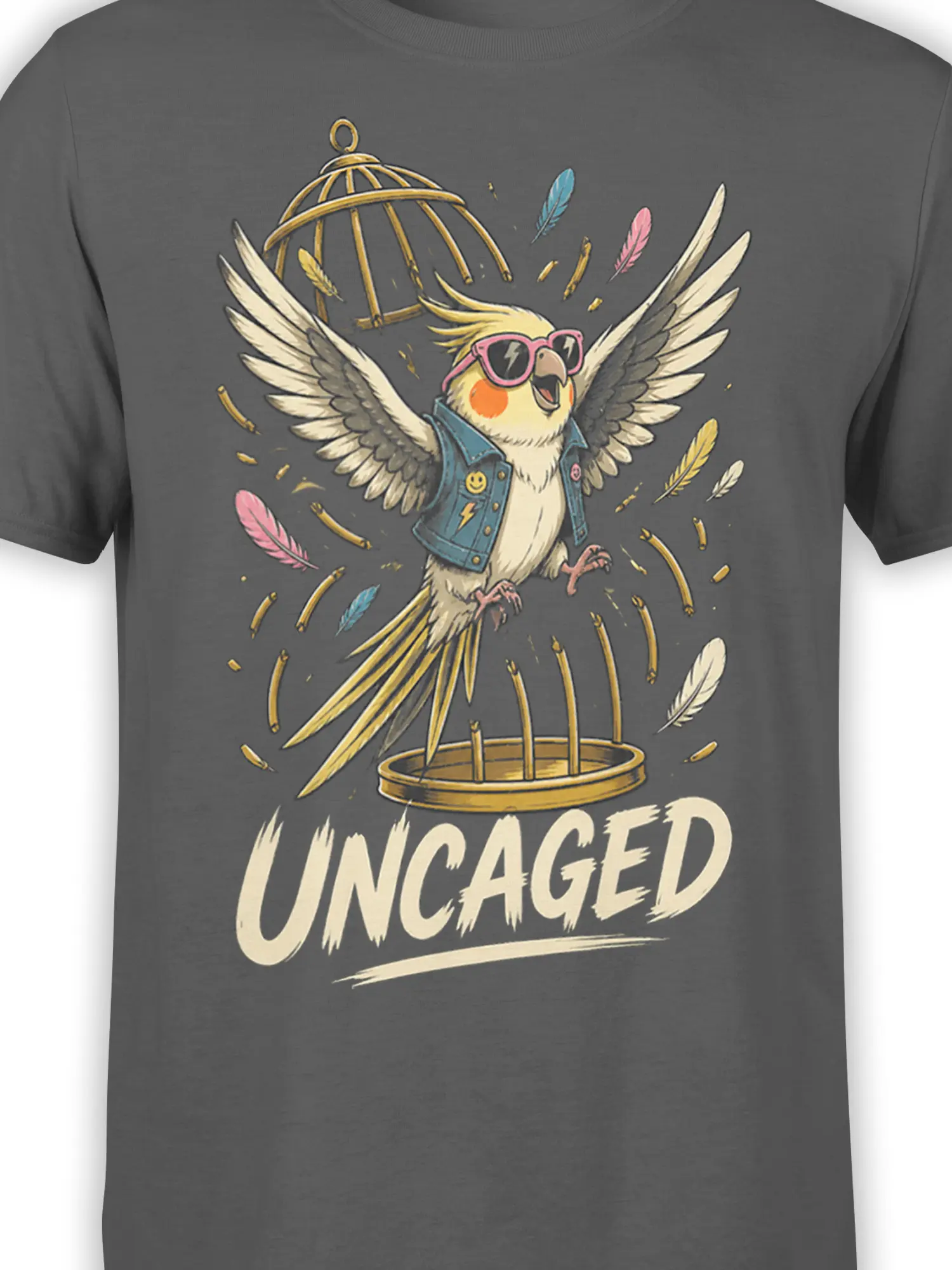 Close-up of the uncaged parrot graphic with pink sunglasses, colorful feathers, and golden cage details