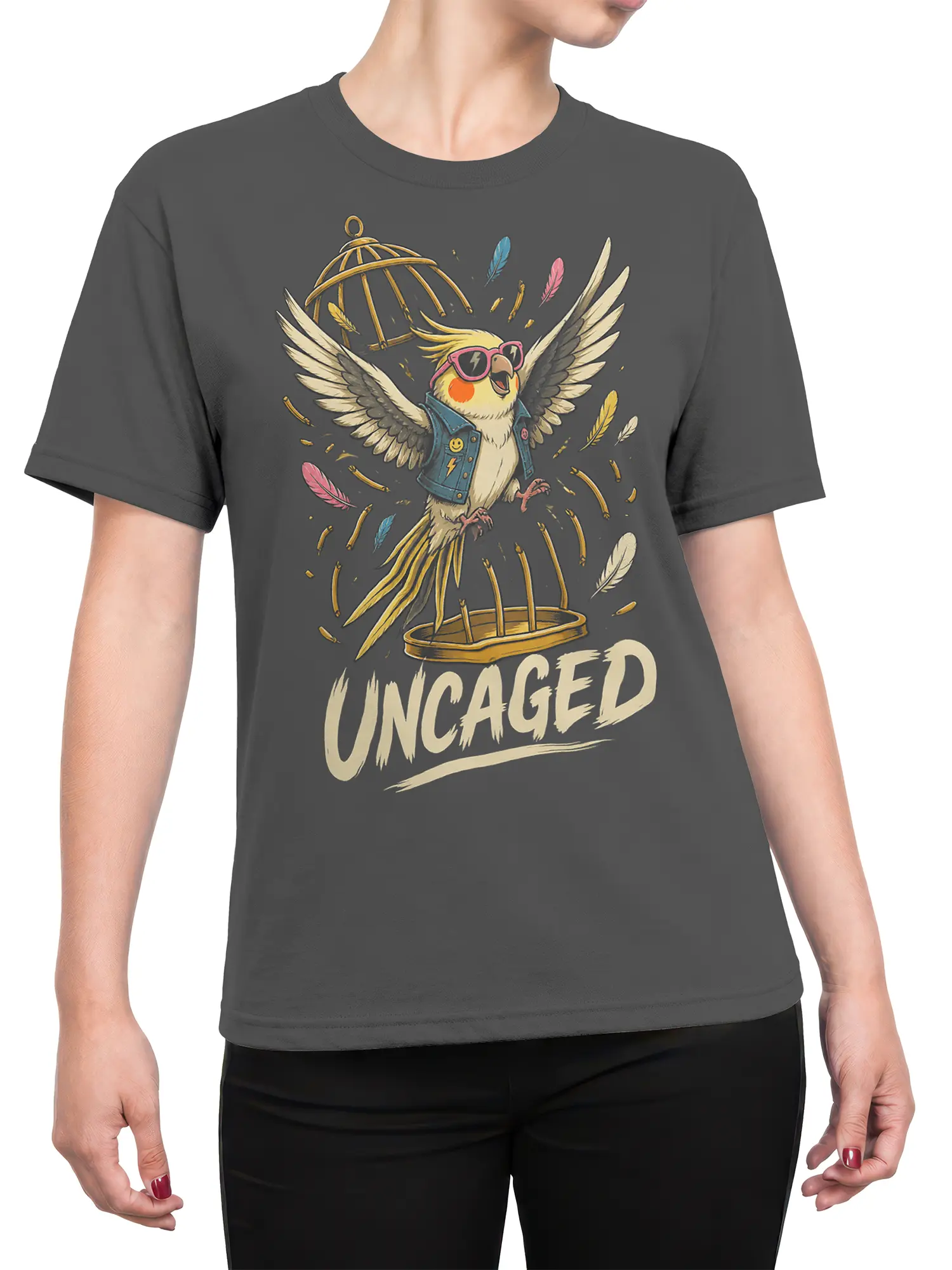 Female torso wearing a gray T-shirt with an uncaged parrot in pink sunglasses and bold lettering