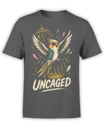 Uncaged parrot in pink sunglasses flying from a golden cage on a gray T-shirt