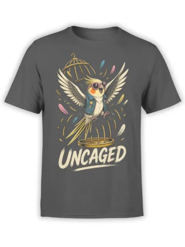 Uncaged parrot in pink sunglasses flying from a golden cage on a gray T-shirt