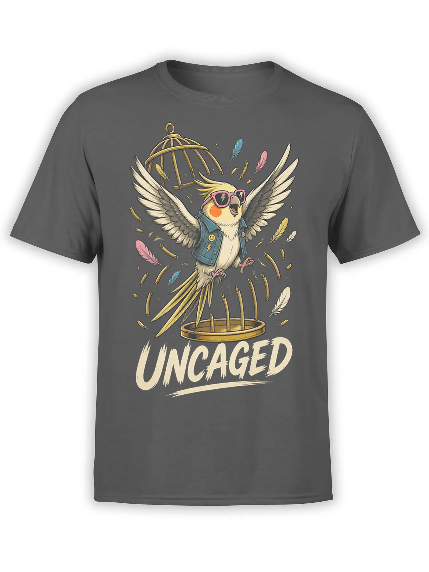 Uncaged parrot in pink sunglasses flying from a golden cage on a gray T-shirt