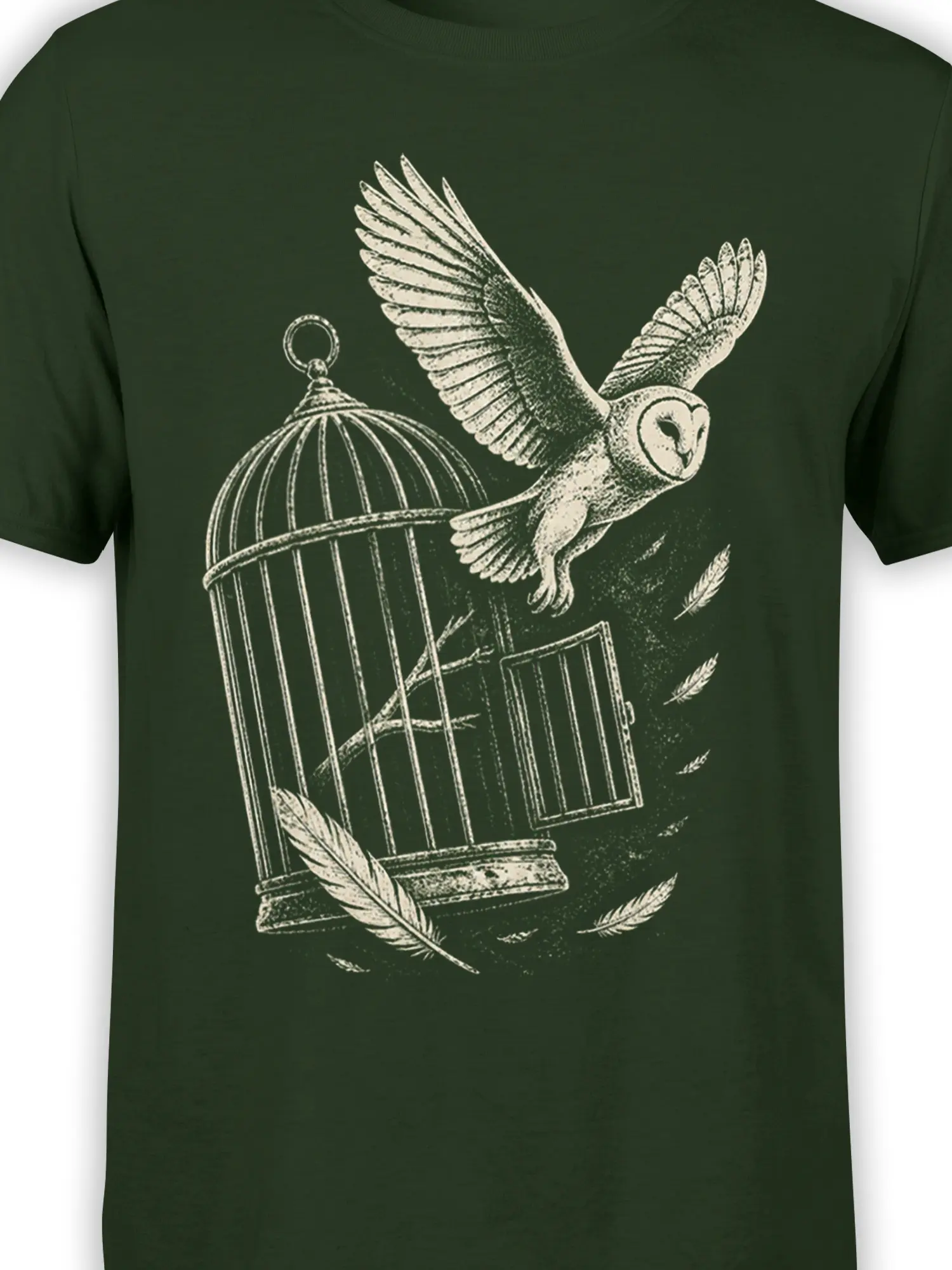 Close-up of the vintage owl and open birdcage artwork printed in cream on green fabric