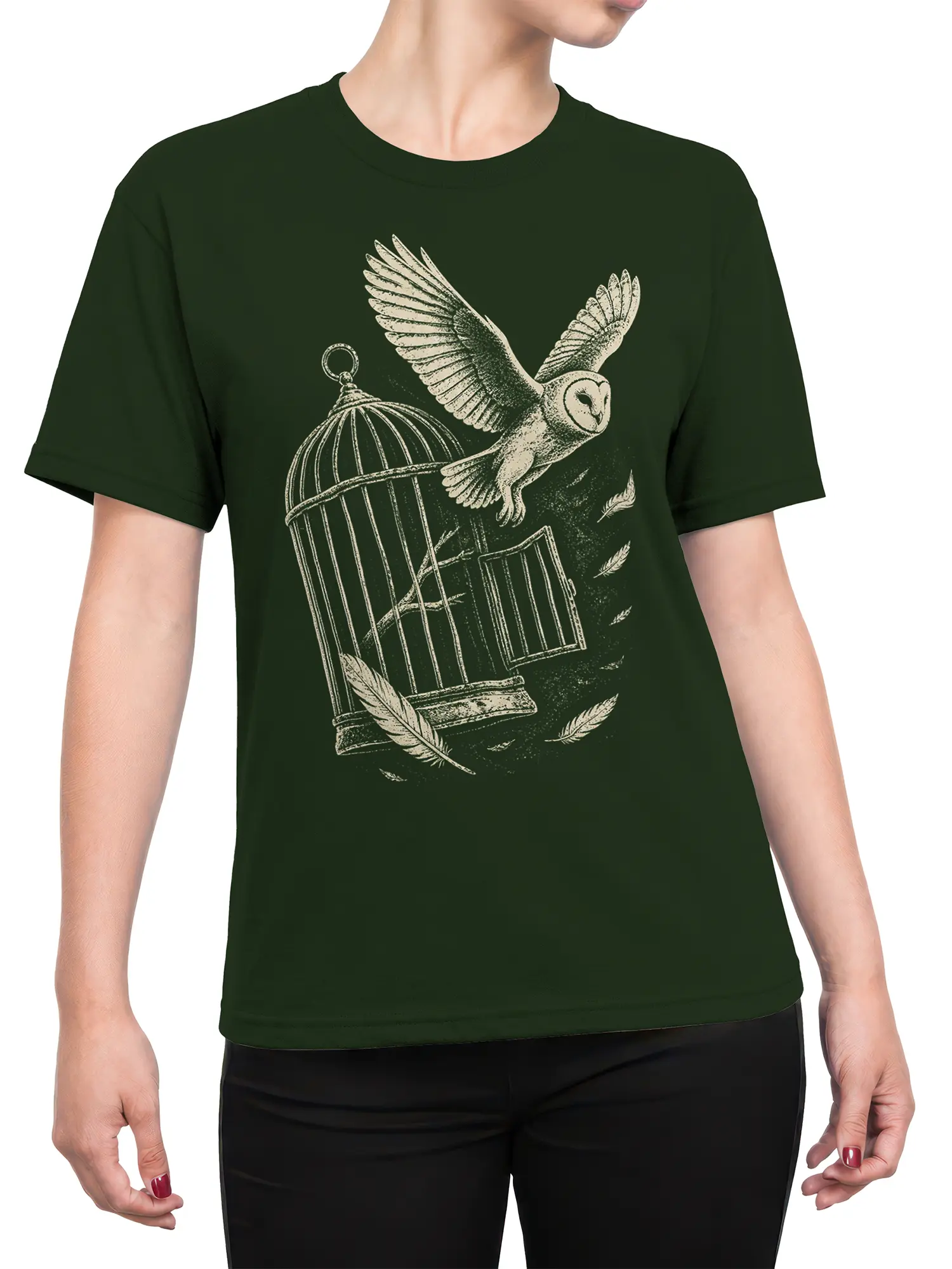 Female torso wearing a dark green T-shirt with a vintage owl escaping birdcage design