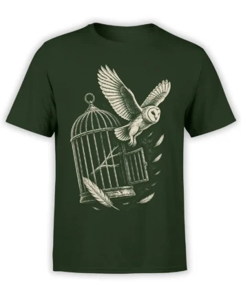 Vintage owl flying from an open birdcage with feathers on a dark green T-shirt