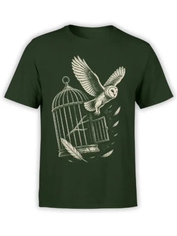 Vintage owl flying from an open birdcage with feathers on a dark green T-shirt