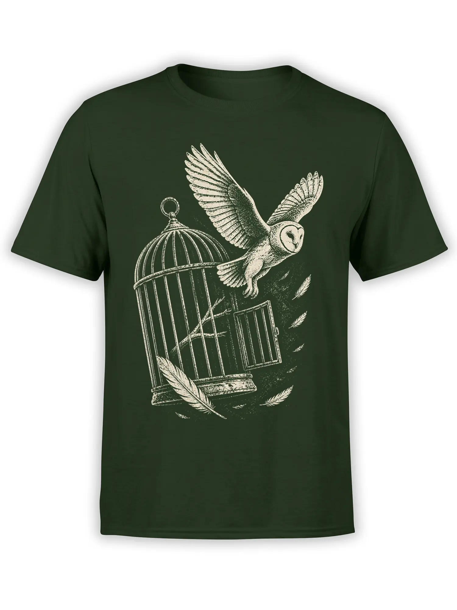 Vintage owl flying from an open birdcage with feathers on a dark green T-shirt