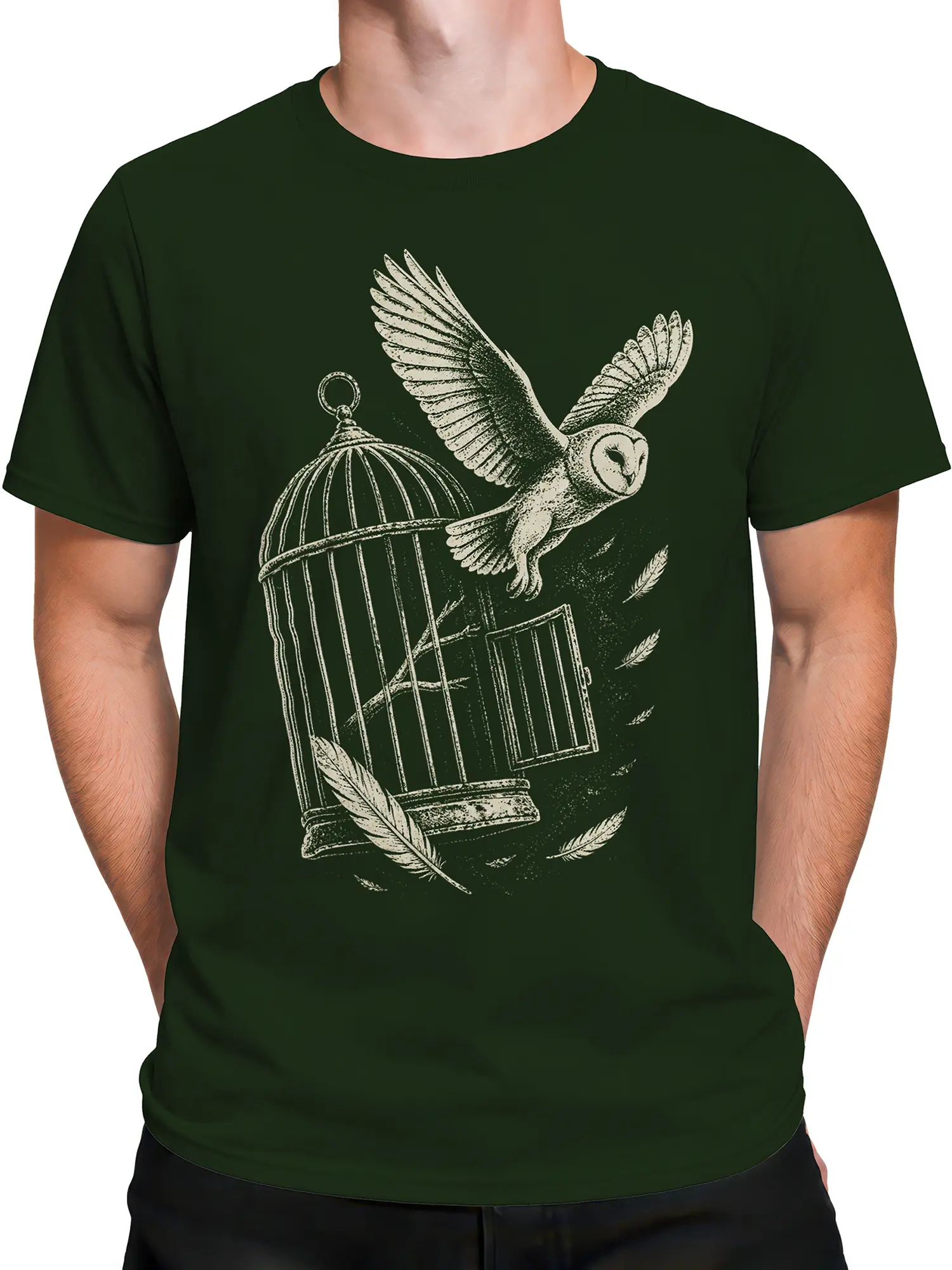Male torso wearing a dark green T-shirt with a flying owl and birdcage design
