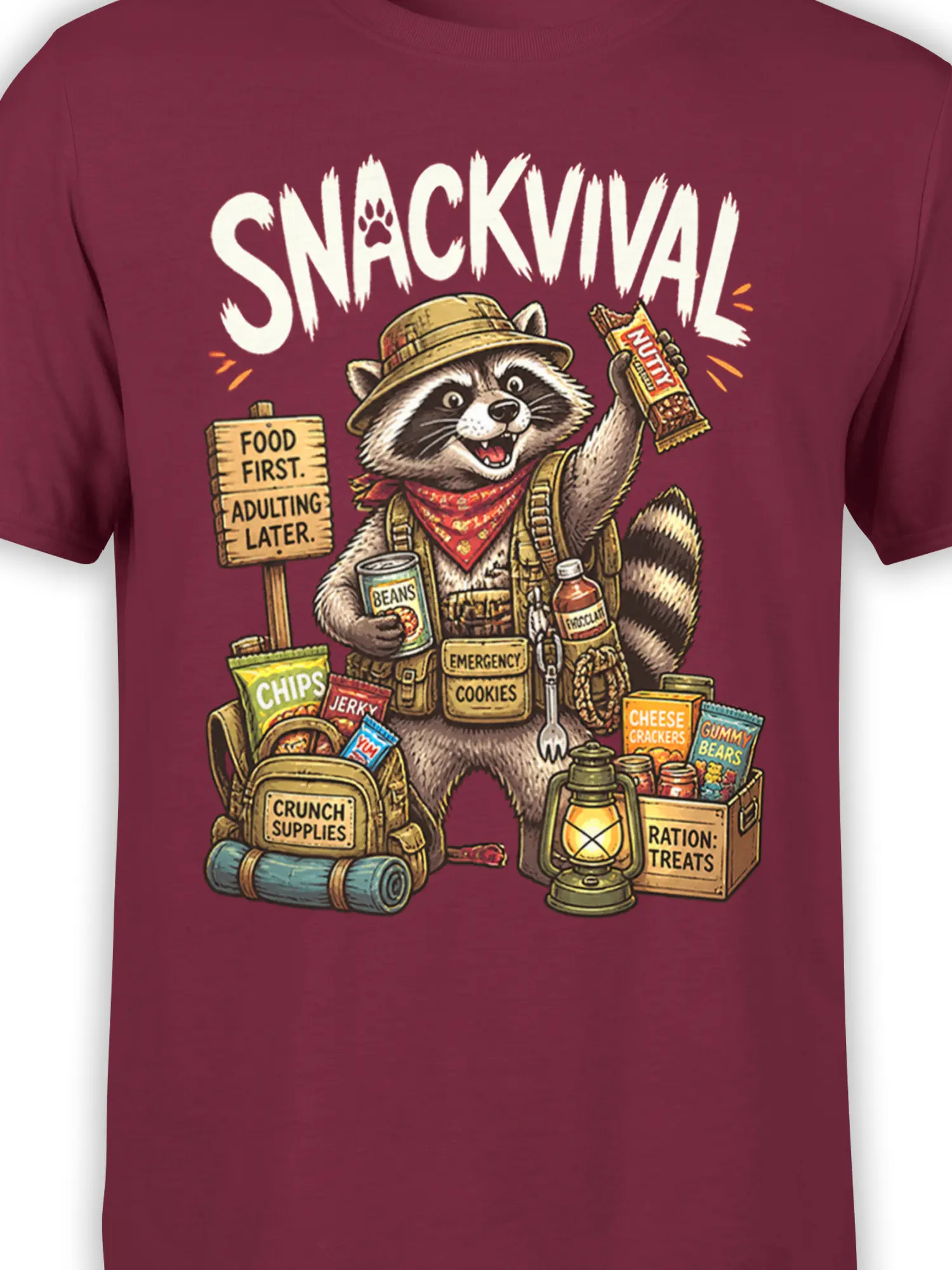 Close-up of raccoon adventurer with snacks, lantern, food crate, and “Food First” sign on burgundy fabric