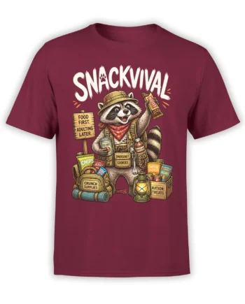 Funny raccoon snack survival design with chips, cookies, camping gear, and bold text on a burgundy T-shirt