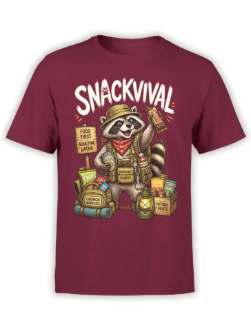 Funny raccoon snack survival design with chips, cookies, camping gear, and bold text on a burgundy T-shirt