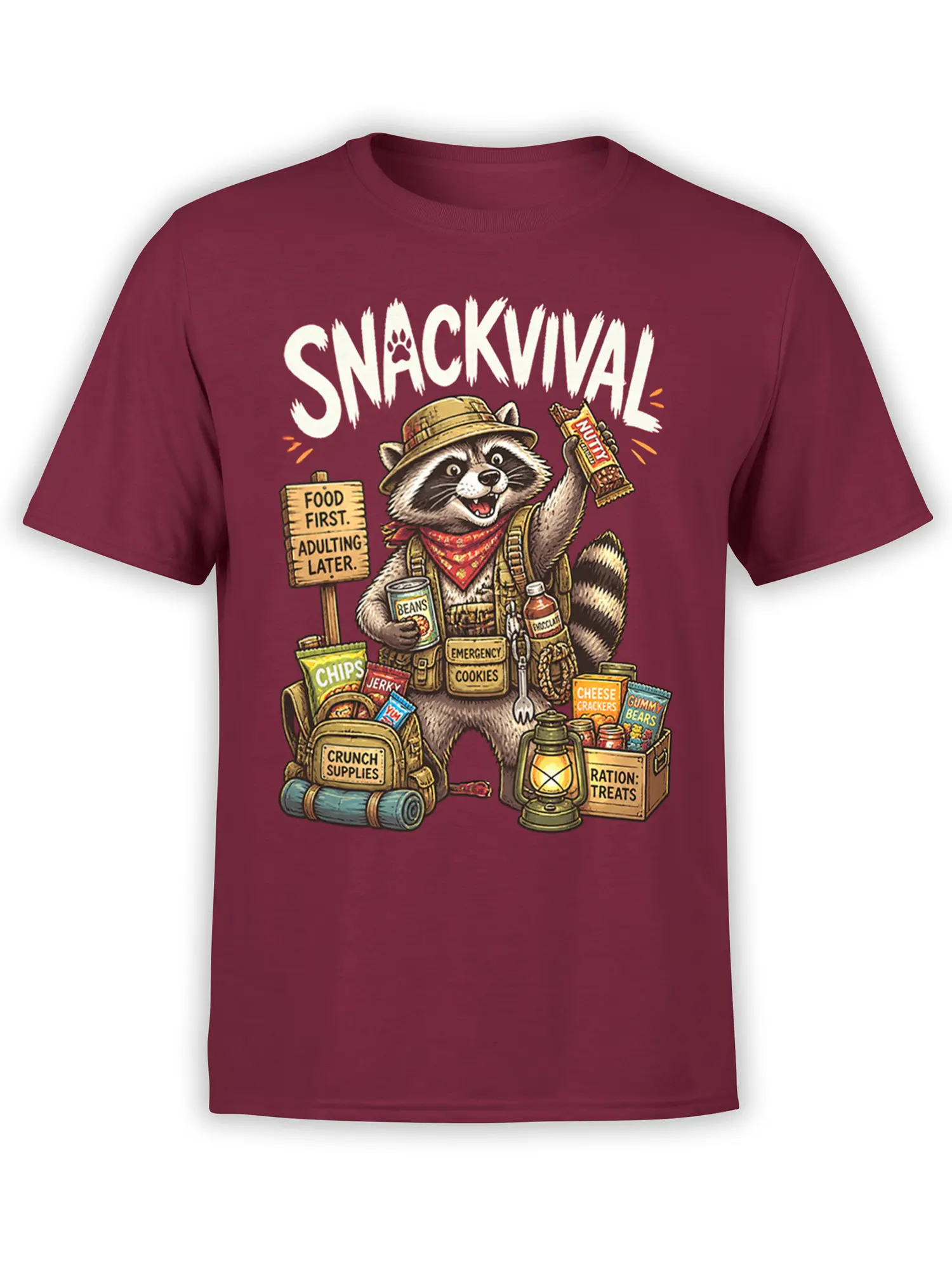 Funny raccoon snack survival design with chips, cookies, camping gear, and bold text on a burgundy T-shirt