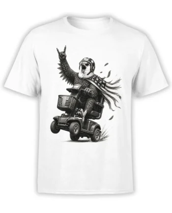Black-and-white eagle riding a mobility scooter with a star helmet and cape on a white T-shirt