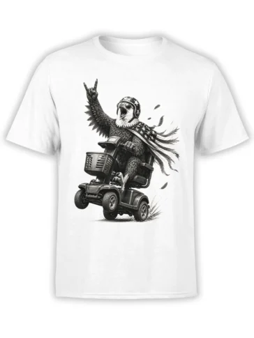 Black-and-white eagle riding a mobility scooter with a star helmet and cape on a white T-shirt