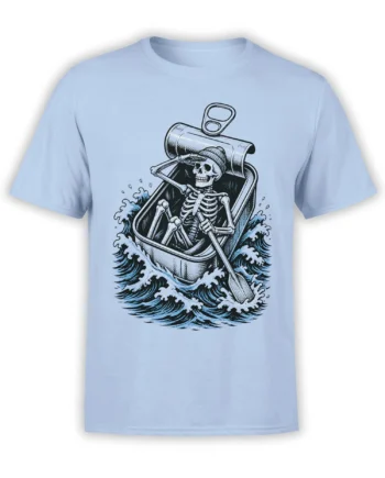 Light blue skeleton rowboat T-shirt with a knit-capped skeleton rowing through crashing ocean waves